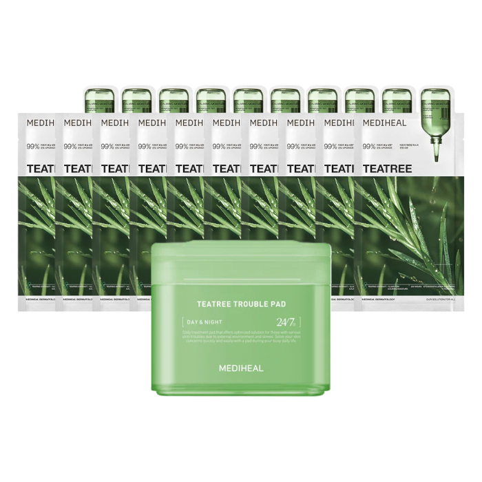 Mediheal - Teatree Trouble Pad - 100ea + Teatree Essential Mask - 10pcs Set